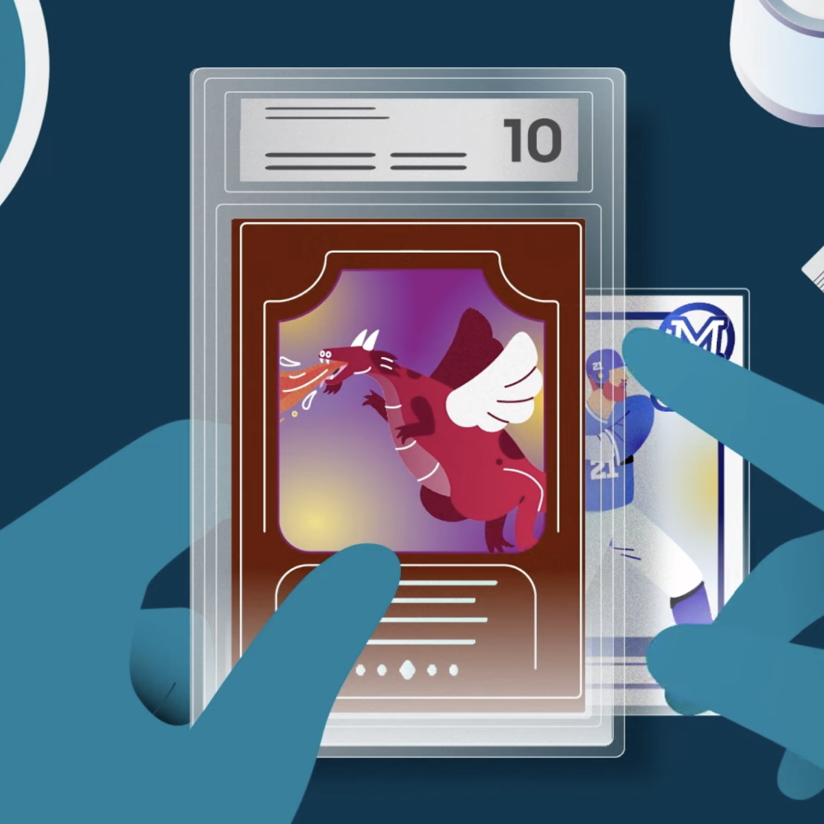 Cartoon baseball player next to baseball card